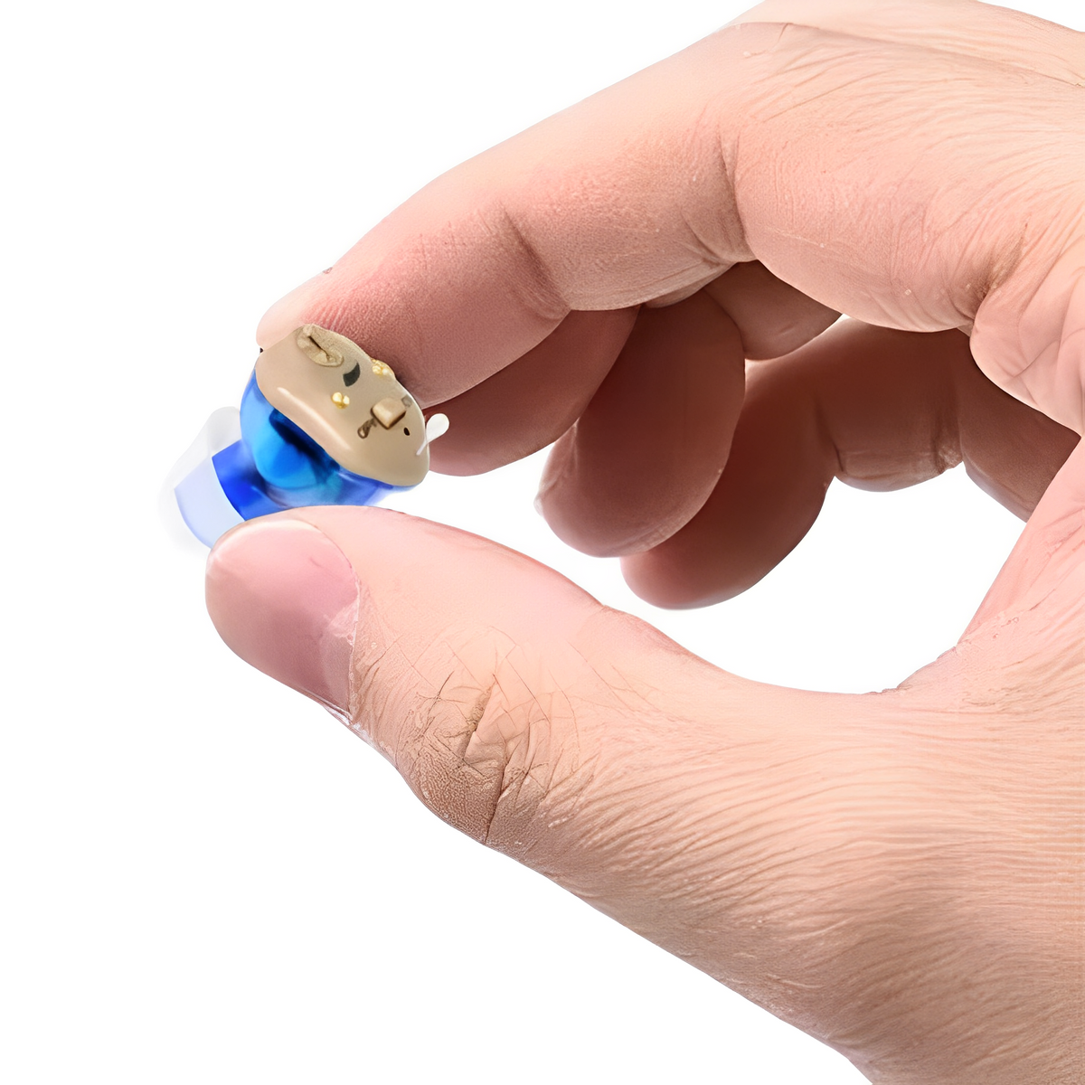 A single HearWithUs sound amplifier held between finger and thumb, showing its small size